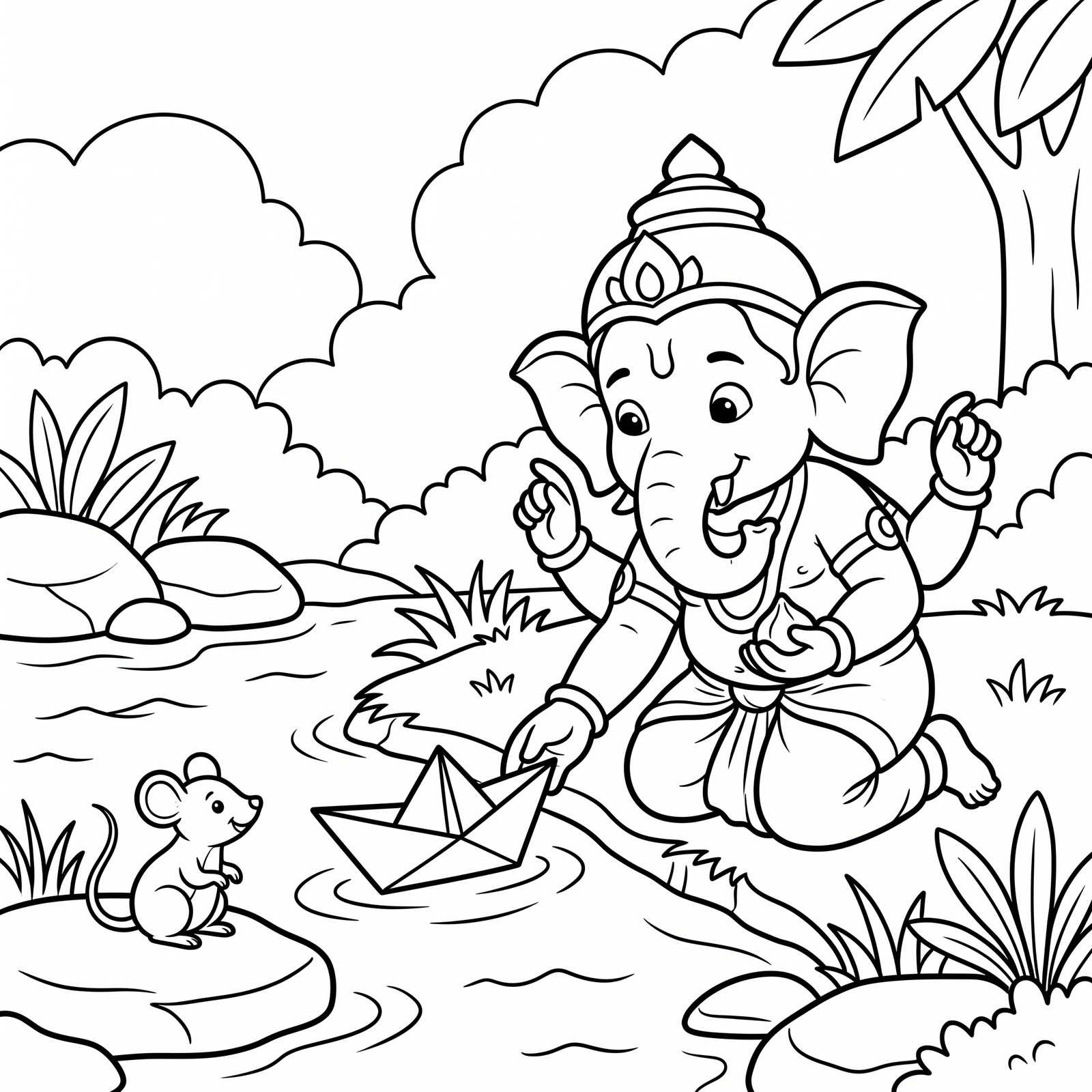 Little Ganesha paper boat coloring page