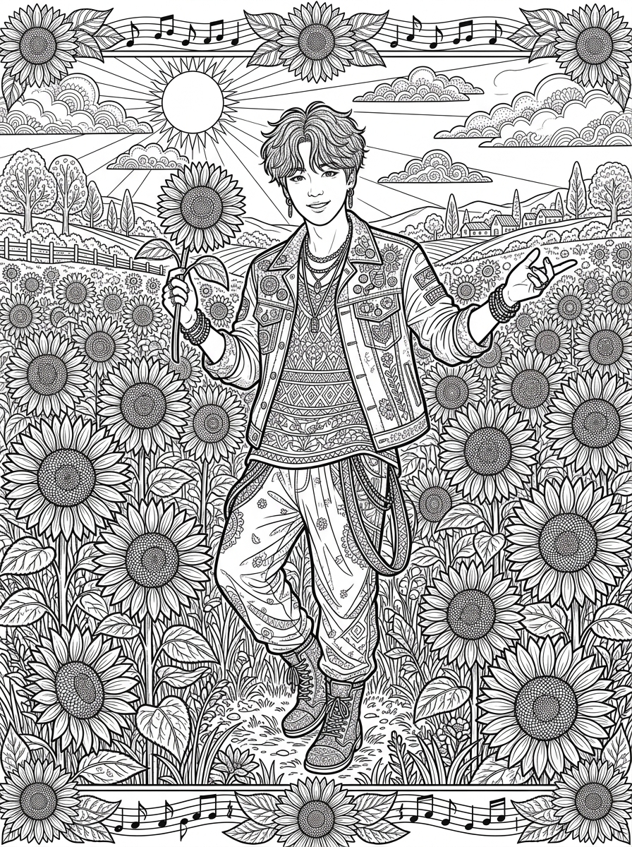 K-pop idol in sunflowers coloring page