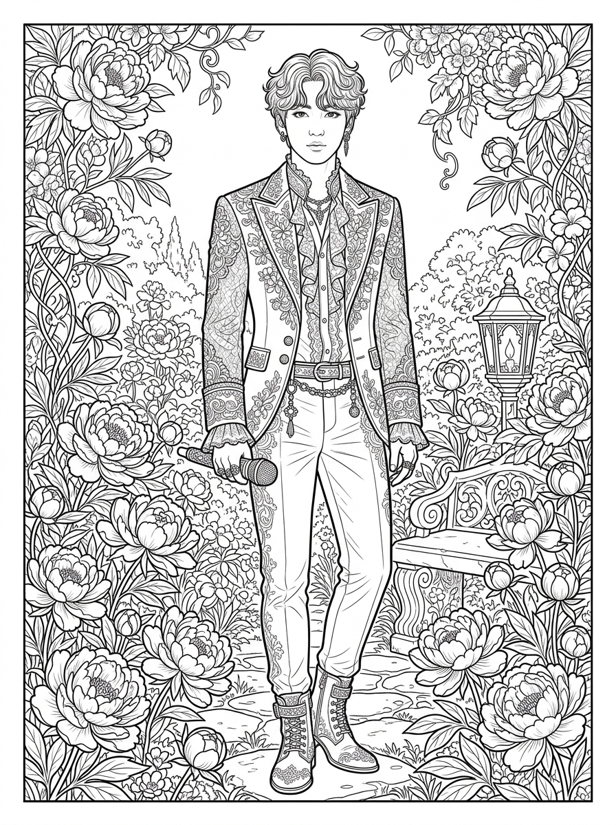 K-pop idol in garden coloring page