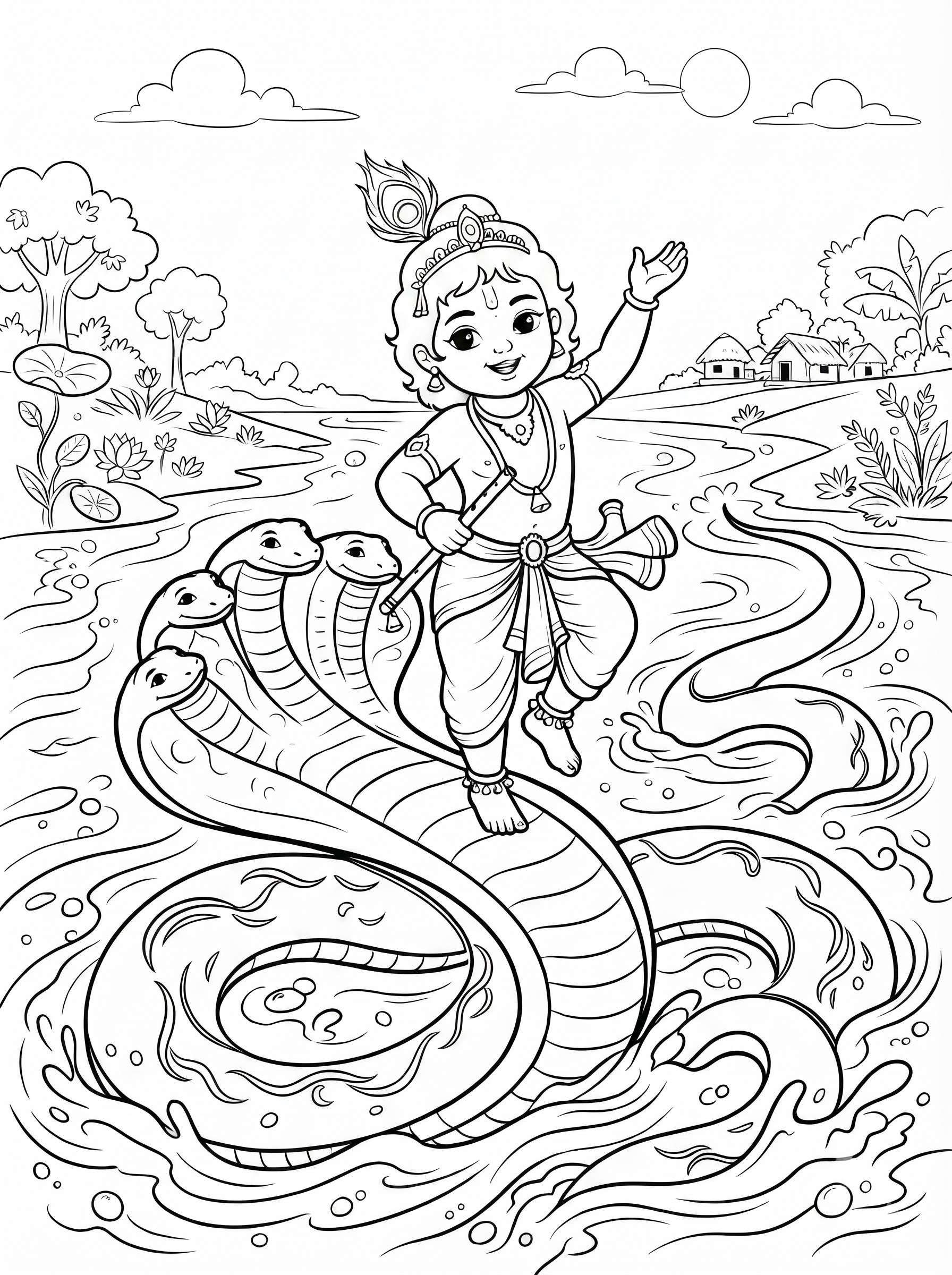Krishna dancing on serpent coloring page