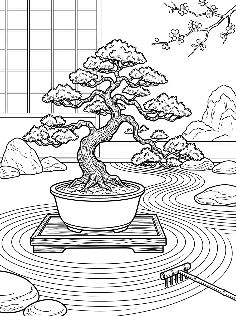 Bonsai tree coloring page from ZEN Mind Calm Coloring Book