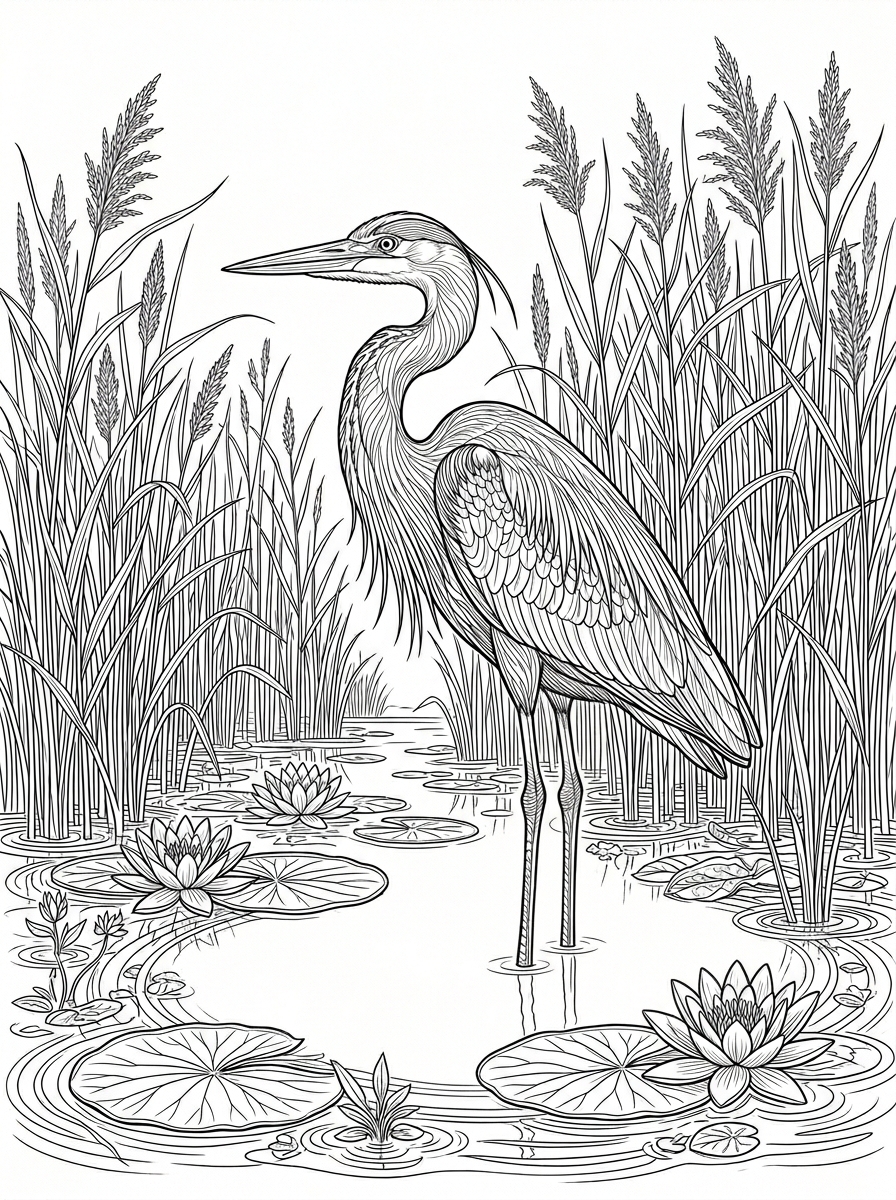 Heron standing in pond, Zen coloring page
