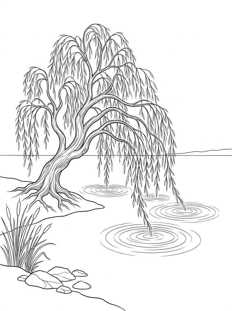 Weeping willow by still lake, Zen coloring page